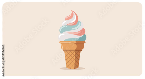 Swirl of chilled refreshment atop a crispy cone in shades of pink, teal, and white