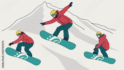 Snowboarders in Action Mountain Descent Illustration.