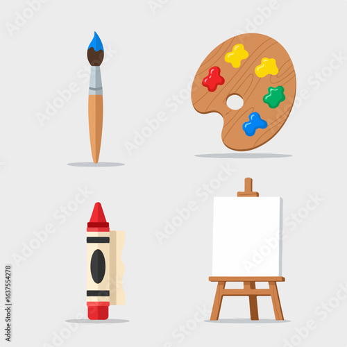 Artist's tools inspire creativity showcasing brush, palette, crayon, and blank canvas easel