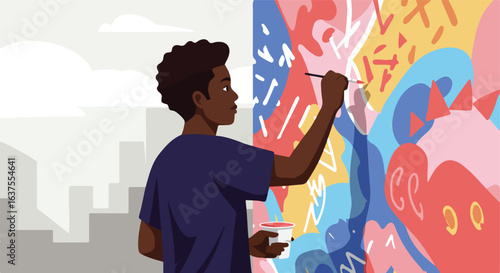 Muralist creates colorful, abstract street art on a building, using paint and a brush