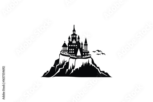 Enchanting Castle Silhouette Majestic Fortress Perched on a Serene Mountain Peak a Testament to Human Ingenuity and Architectural Grandeur in the Realm of Fantasy and