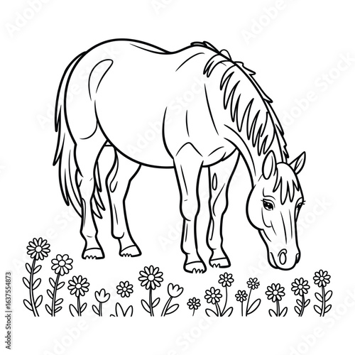 Horse grazing in the field Coloring Page, Vector, Illustration, Icon, Outline, Line Art, Silhouette, Logo, White Background.