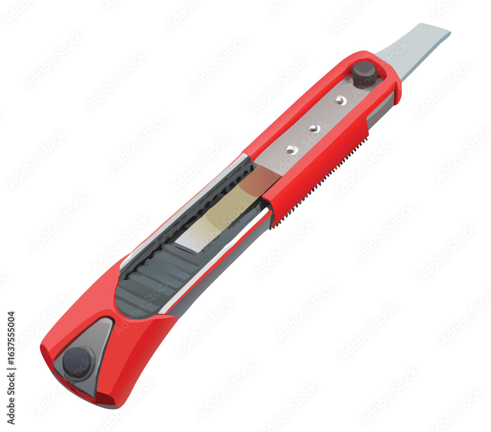 Utility blade equipment for cutting cardboard box cutter sharp edge tool red and gray design object Utility blade equipment for cutting cardboard box cutter sharp edge tool red and gray design object