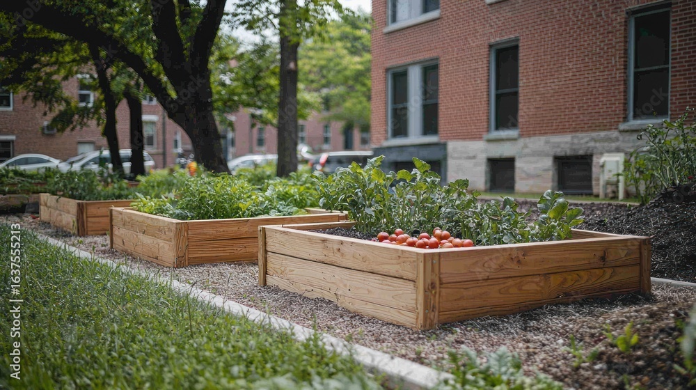 Obraz premium Urban community garden beds bursting with produce