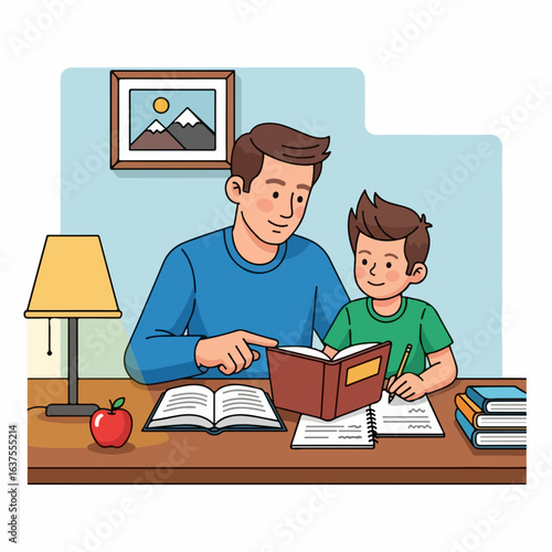 Father patiently guiding son through homework, fostering learning and family connection at home.