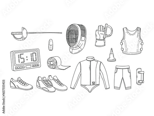 Fencing Gear Illustration: A meticulously illustrated array of essential fencing equipment, providing an artistic representation of the sport's tools and protective gear.