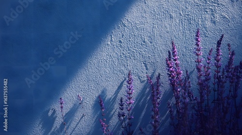 Purple flowers against a textured blue wall.