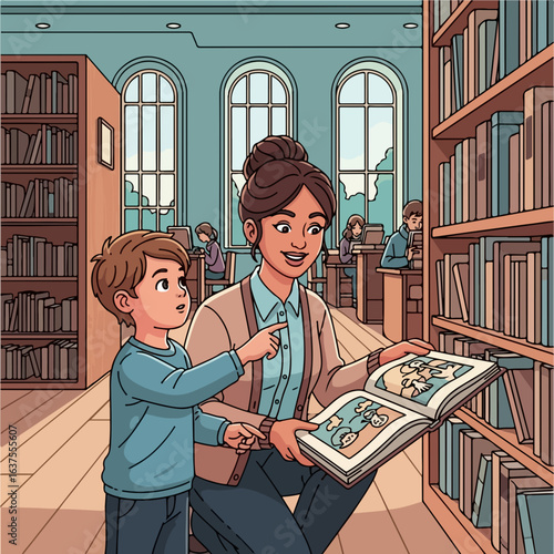 Joyful teacher guides young boy exploring a fascinating book in a cozy, sunlit library setting