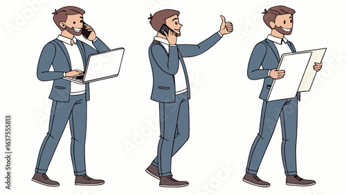 Three Businessmen in Suits Using Phone Laptop and Documents.