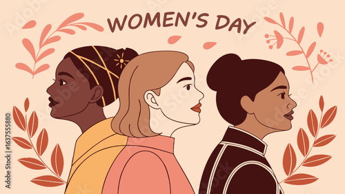 Three Diverse Women Celebrating Womens Day with Floral Accents.