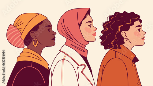 Three diverse women in profile wearing different head coverings and clothing.