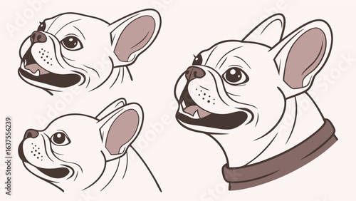 Three Line Art Portraits of a French Bulldog.