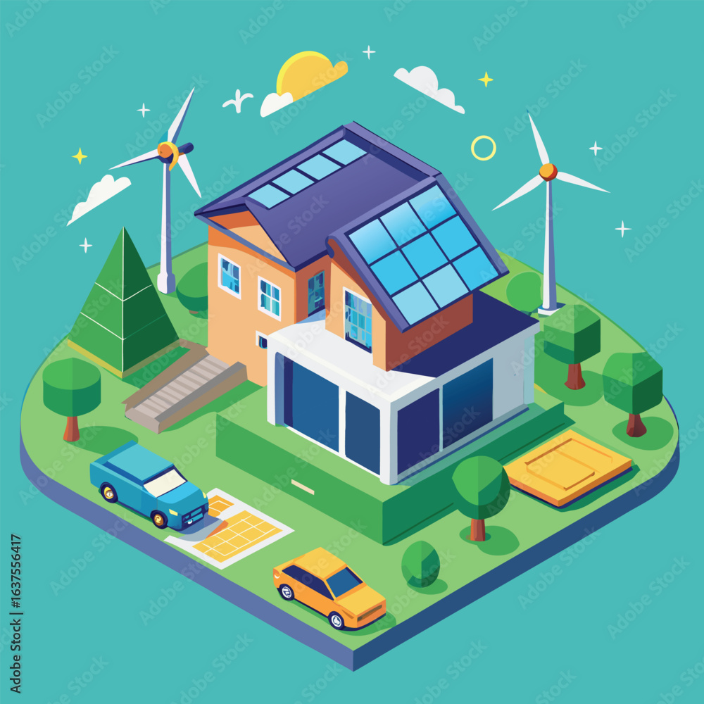 Naklejka premium self sufficient power electric green energy system house home isometric vector illustration 