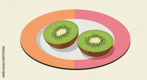 Two halves of kiwi fruit are on a plate with a pink and orange border on beige