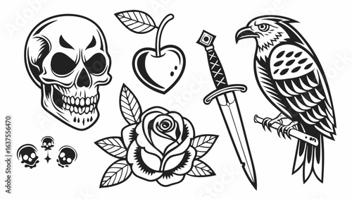 Traditional Tattoo Flash Designs Skull Rose Dagger Eagle Cherry.