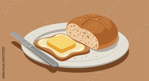 Bread, butter, and knife on a plate. Soft light with a tan background. Simple food art