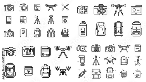 Minimalist line icons of photography and drone equipment including cameras, tripods, drones, backpacks, and accessories, perfect for creative and travel designs.

