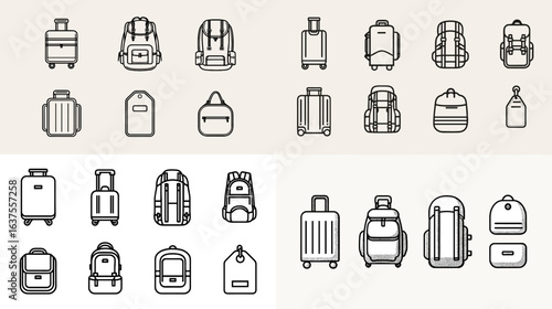 Minimalist line icons of backpacks, suitcases, and travel bags in various styles, perfect for tourism, adventure, and lifestyle product designs.

