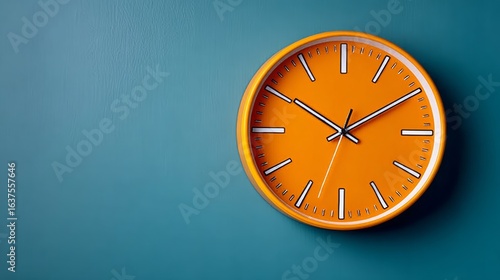 Wallpaper Mural Large orange clock with white hands sits on a blue wall. The clock is set to the time of 11:30 Torontodigital.ca