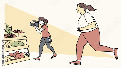 Woman Running Away from Camera Crew Filming at Grocery Store.