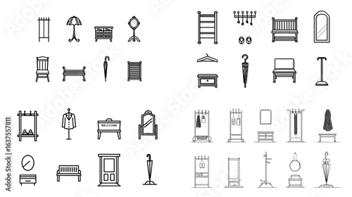 Minimalist line icons of hallway and entryway furniture including coat racks, benches, mirrors, and umbrella stands, ideal for home decor and furnishing projects.


