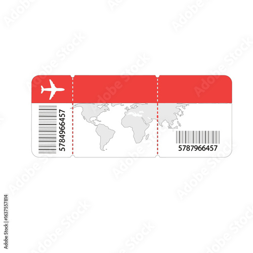 Airline Ticket Vector with Red Header, World Map Background, and Dual Barcodes