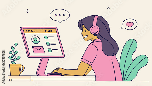 Woman with Headset Working on Computer with Email and Chat Interface.