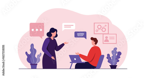 Illustration of a conversation between two people with speech bubbles and plants
