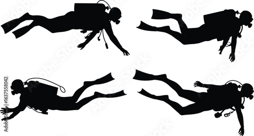 Scuba Divers Silhouette, Underwater Exploration, Marine Life Adventure, Diving Equipment, Ocean Depths, Aquatic Sports, Sea Activity, Vector Illustration, Swimming Scene