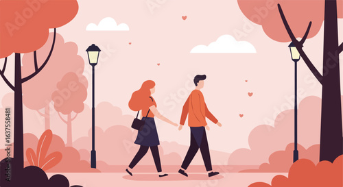 Couple walking. Street lights illuminate park trees with pink hued clouds around
