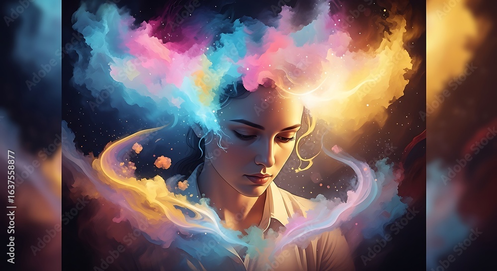 Fototapeta premium Woman with Colorful Mind Clouds and Stars, Creative Concept