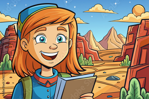 Smiling young European female tour guide holding a map, exuding optimism and friendliness. travel blogs, tourism advertising, adventure planning, and destination promotion visuals