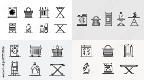 Minimalist vector icons of laundry and cleaning essentials including washing machines, detergent, baskets, and ironing boards, perfect for home chore designs.

