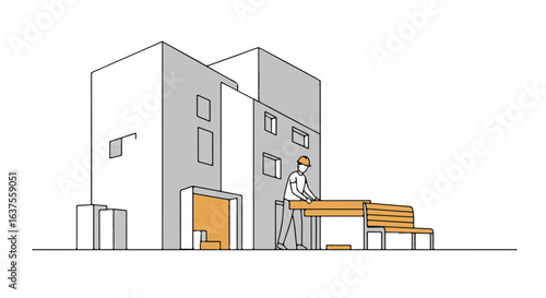 Minimalist depiction of a man building a bench in front of a modern building