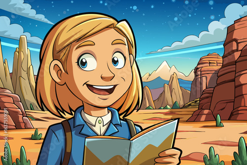 Smiling young European female tour guide holding a map, exuding optimism and friendliness. travel blogs, tourism advertising, adventure planning, and destination promotion visuals