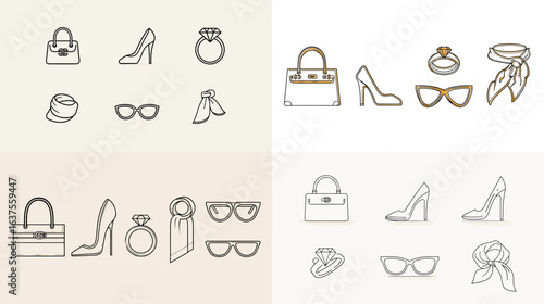 Minimalist line icons of women’s fashion accessories including handbags, high heels, rings, sunglasses, and scarves, perfect for style, retail, and fashion design.

