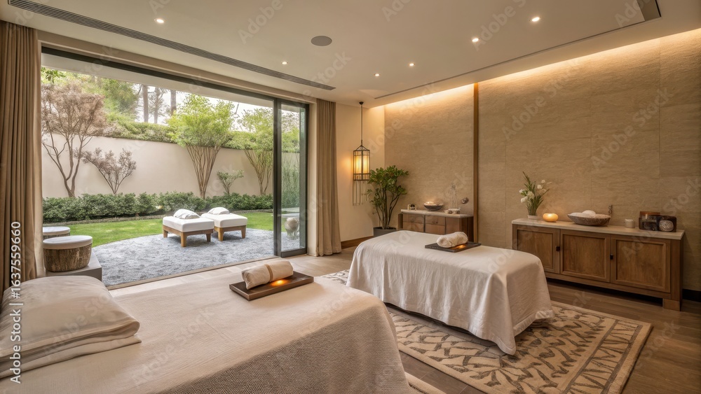 Fototapeta premium Tranquil Spa Room with Wooden Decor and Lush Outdoor Views