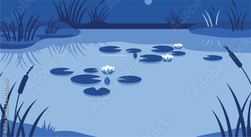 Waterlilies bloom in a pond reflecting the moonlight, reeds and grass are on the banks