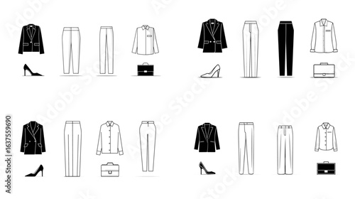 Minimalist vector icons of women’s office outfits including blazers, trousers, blouses, heels, and handbags, perfect for corporate fashion and workwear designs.

