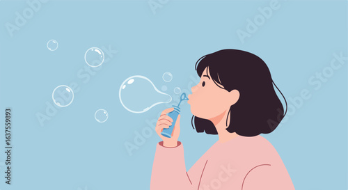 Bubbles Woman blowing bubbles with a wand on light blue background, clean & simple