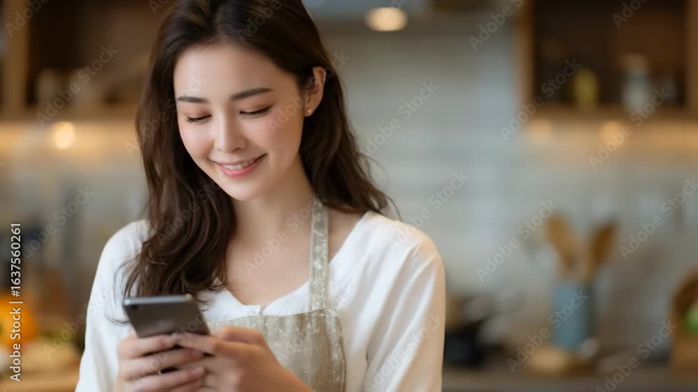 Happy Young Woman Smiles While Browsing Her Smartphone in a Modern Kitchen Setting at Home Happy Young Woman Smiles While Browsing Her Smartphone in a Modern Kitchen Setting at Home