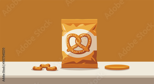 Pretzel snack bag crunchy treat on a counter with salty flavor & golden crispiness