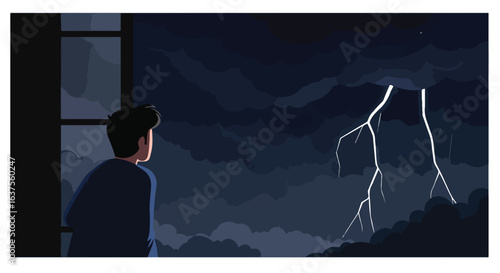 Watching a dark stormy night with lightning from indoors; a dark, moody vibe