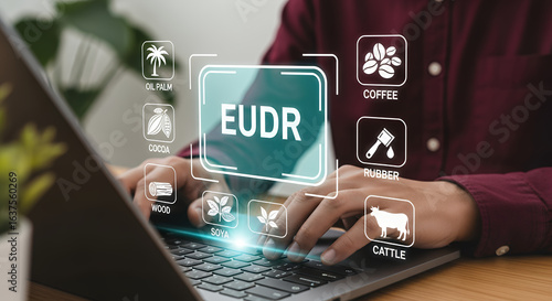 Implementation of the EU Deforestation Regulation (EUDR) concept. Using laptop with icons of regulated commodities; oil palm, soya, wood, cocoa, coffee, cattle, rubber. Traceability, sustainability.