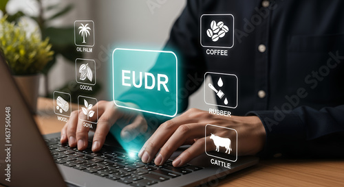 Implementation of the EU Deforestation Regulation (EUDR) concept. Using laptop with icons of regulated commodities; oil palm, soya, wood, cocoa, coffee, cattle, rubber. Traceability, sustainability.