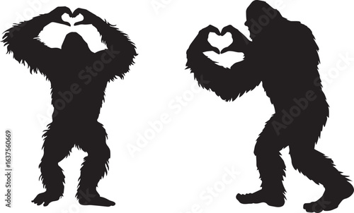 Bigfoot Silhouette Making Heart Shape with Hands, Sasquatch Love Vector Illustration