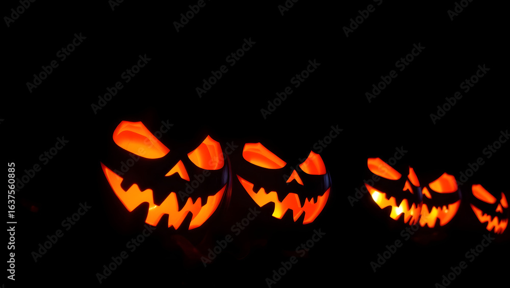 Fototapeta premium A terrifying lineup of glowing Jack-o'-lanterns with sinister carved faces, shining brightly in the pitch-black darkness of a spooky Halloween night.