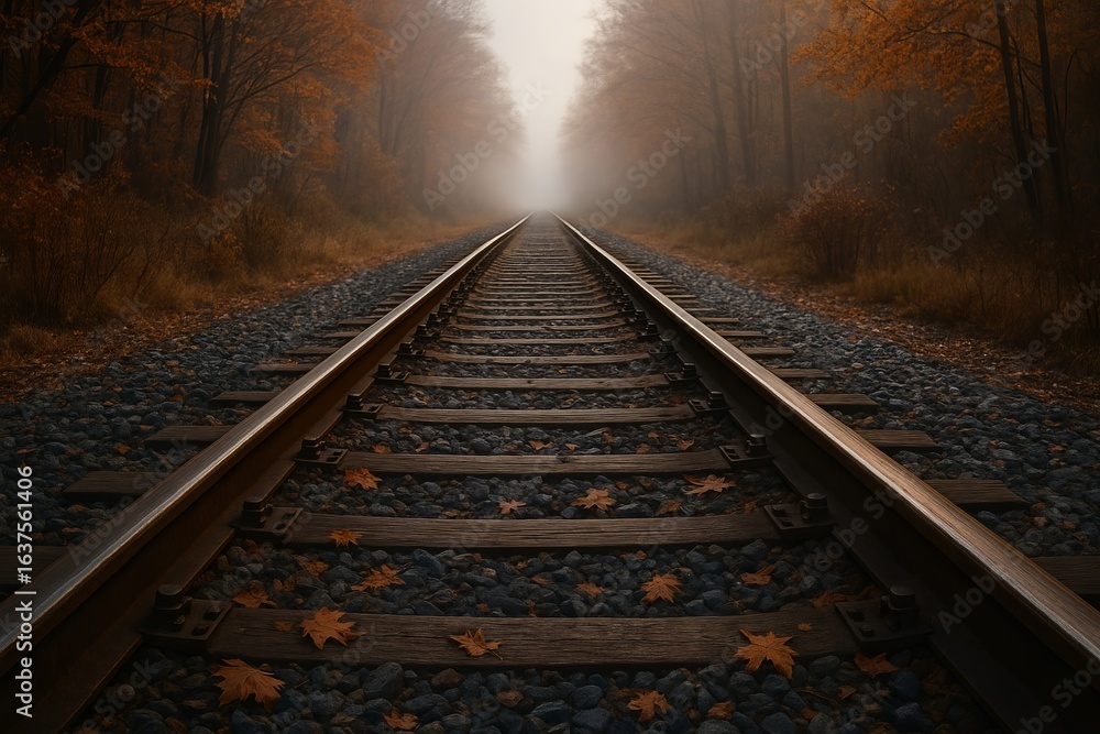 Naklejka premium A low-angle, shallow-focus shot of train tracks stretching into the distance during golden hour.