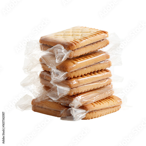Stack of individually wrapped biscuits on transparent background