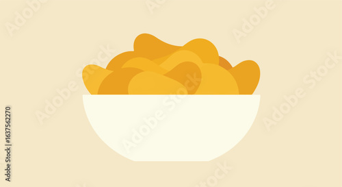 Bowl of Chips A white bowl filled with crispy, golden chips against a beige backdrop
